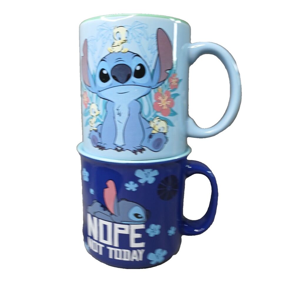 Disney Stitch and Lilo 2 Coffee Mugs Tea Cups 20 Ounce Large Blues Preowned